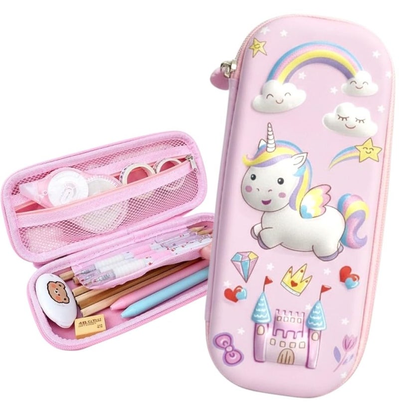 RIANZ Cute 3D Unicorn Pencil Pouch for Girls - Hard EVA Pencil Case with Large Capacity 3 Layer Storage, Pink - Image 1